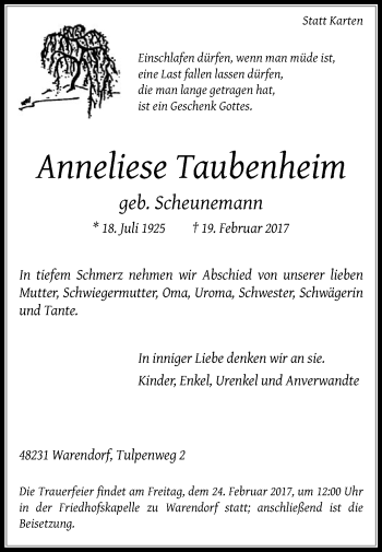 Traueranzeige von Anneliese Taubenheim von Die Glocke