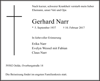 Traueranzeige von Gerhard Narr von Die Glocke