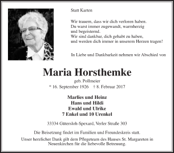 Traueranzeige von Maria Horsthemke von Die Glocke