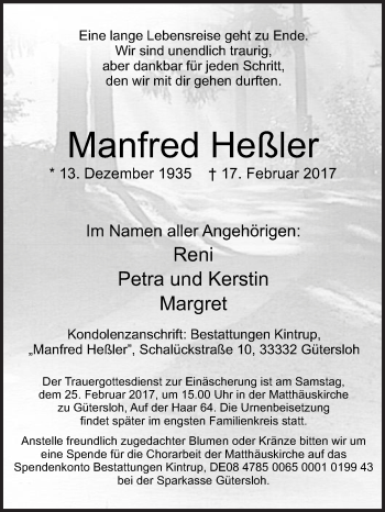 Traueranzeige von Manfred Heßler von Die Glocke
