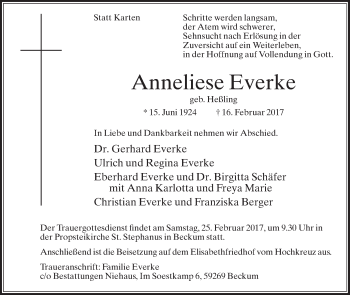 Traueranzeige von Anneliese Everke von Die Glocke