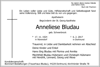 Traueranzeige von Anneliese Bludau von Die Glocke