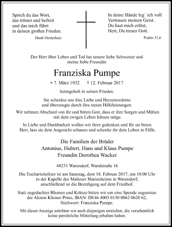 Traueranzeige von Franziska Pumpe von Die Glocke
