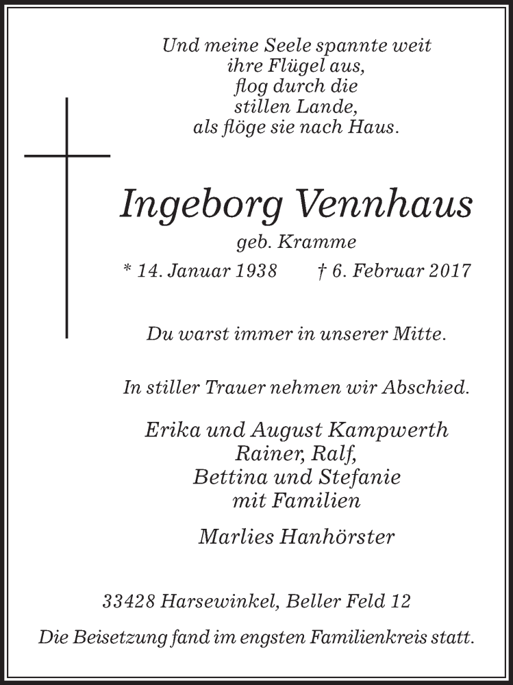  Traueranzeige für Ingeborg Vennhaus vom 20.02.2017 aus Die Glocke