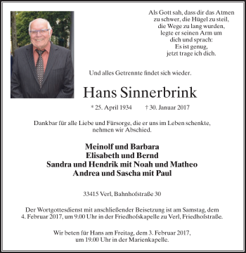 Traueranzeige von Hans Sinnerbrink von Die Glocke