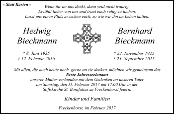 Traueranzeige von Hedwig und Bernhard Bieckmann von Die Glocke