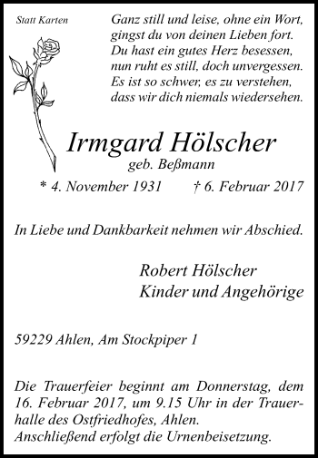Traueranzeige von Irmgard Hölscher von Die Glocke