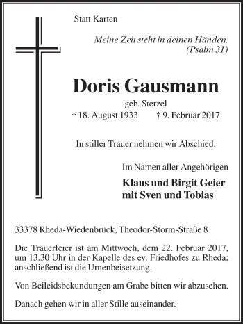 Traueranzeige von Doris Gausmann von Die Glocke