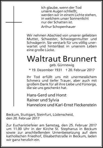 Traueranzeige von Waltraut Brunnert von Die Glocke