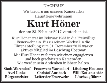 Traueranzeige von Kurt Höner von Die Glocke