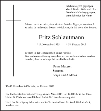 Traueranzeige von Fritz Schlautmann von Die Glocke