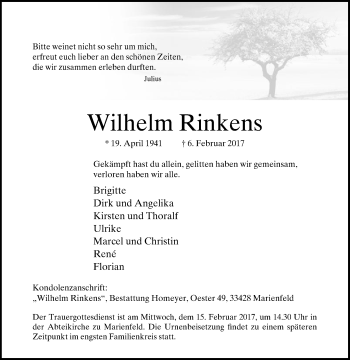 Traueranzeige von Wilhelm Rinkens von Die Glocke
