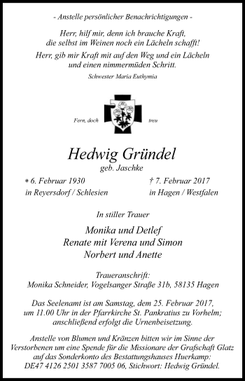 Traueranzeige von Hedwig Gründel von Die Glocke