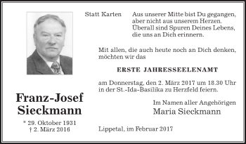 Traueranzeige von Franz-Josef Sieckmann von Die Glocke