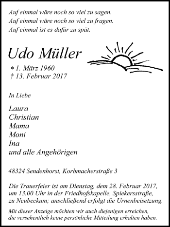 Traueranzeige von Udo Müller von Die Glocke