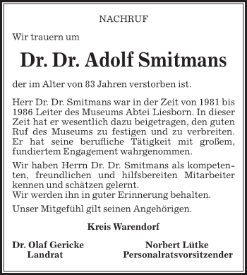 Traueranzeige von Adolf Smitmans von Die Glocke
