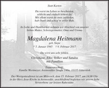 Traueranzeige von Magdalena Heitmann von Die Glocke