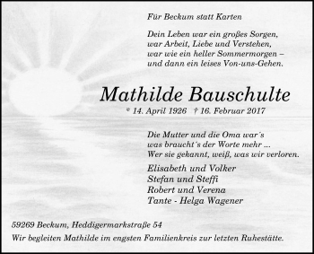 Traueranzeige von Mathilde Bauschulte von Die Glocke