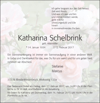 Traueranzeige von Katharina Schelbrink von Die Glocke