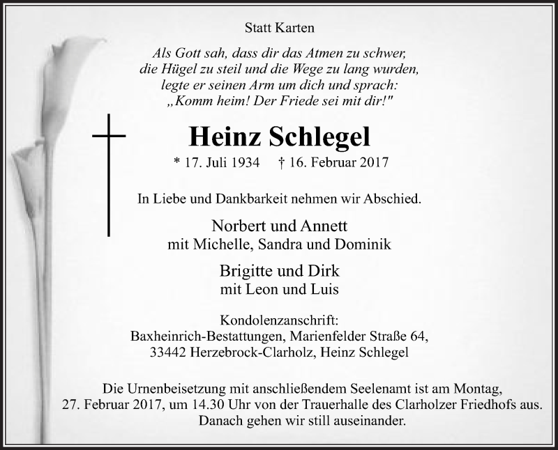  Traueranzeige für Heinz Schlegel vom 18.02.2017 aus Die Glocke