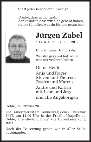 Traueranzeige von Jürgen Zabel von Die Glocke