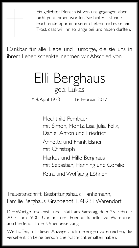  Traueranzeige für Elli Berghaus vom 18.02.2017 aus Die Glocke