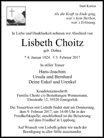 Traueranzeige von Lisbeth Choitz von Die Glocke
