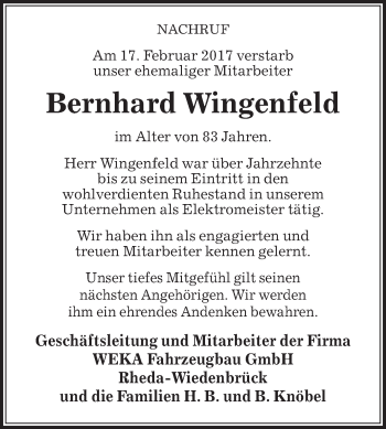 Traueranzeige von Bernhard Wingenfeld von Die Glocke