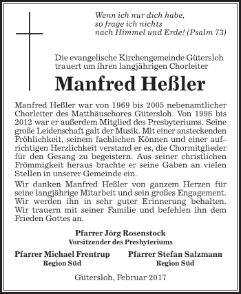 Traueranzeige von Manfred Heßler von Die Glocke