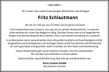 Traueranzeige von Fritz Schlautmann von Die Glocke