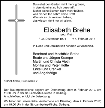 Traueranzeige von Elisabeth Brehe von Die Glocke