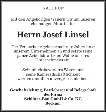 Traueranzeige von Josef Linsel von Die Glocke
