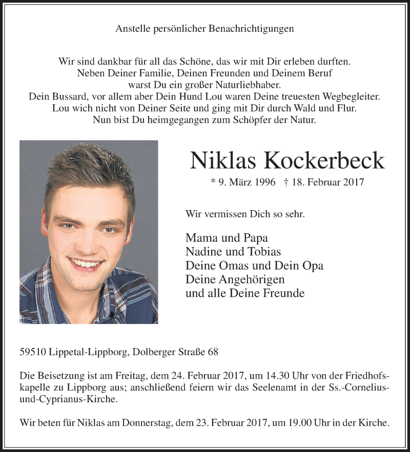  Traueranzeige für Niklas Kockerbeck vom 22.02.2017 aus Die Glocke