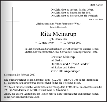 Traueranzeige von Rita Meintrup von Die Glocke