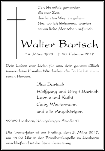 Traueranzeige von Walter Bartsch von Die Glocke