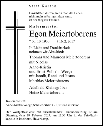 Traueranzeige von Egon Meiertoberens von Die Glocke