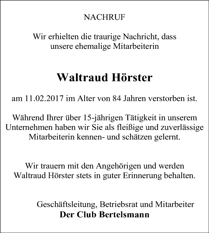  Traueranzeige für Waltraud Hörster vom 17.02.2017 aus Die Glocke