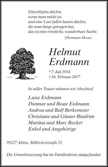 Traueranzeige von Helmut Erdmann von Die Glocke