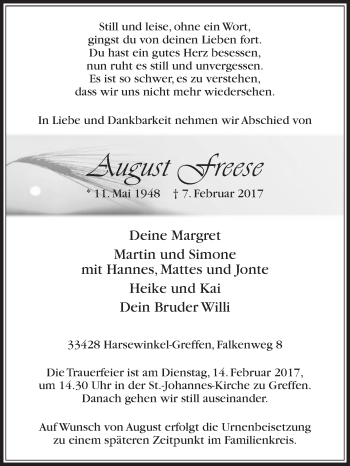 Traueranzeige von August Freese von Die Glocke