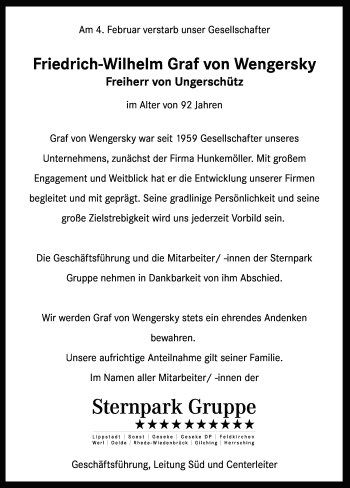 Traueranzeige von Friedrich-Wilhelm Graf von Wengersky Freiherr von Ungerschütz von Die Glocke