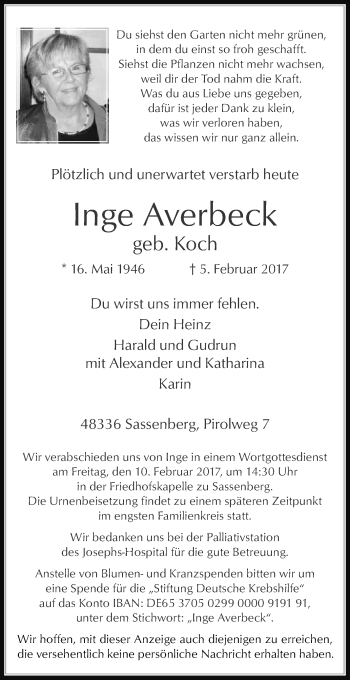 Traueranzeige von Inge Averbeck von Die Glocke
