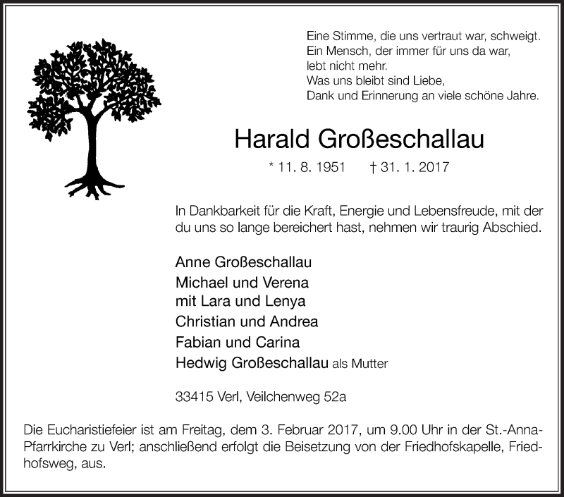  Traueranzeige für Harald Großeschallau vom 01.02.2017 aus Die Glocke