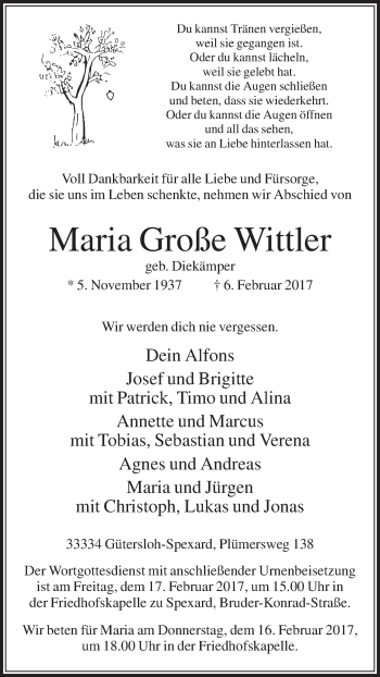 Traueranzeige von Maria  Große Wittler von Die Glocke