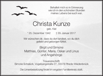 Traueranzeige von Christa Kunze von Die Glocke