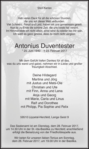Traueranzeige von Antonius Duventester von Die Glocke