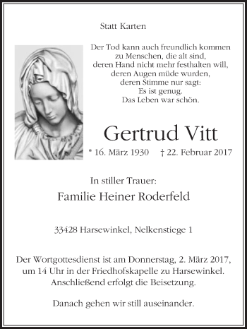 Traueranzeige von Gertrud Vitt von Die Glocke