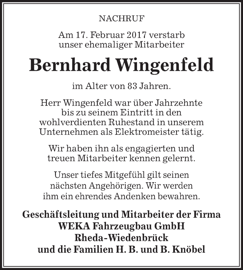  Traueranzeige für Bernhard Wingenfeld vom 22.02.2017 aus Die Glocke