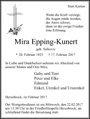 Traueranzeige von Mira Epping-Kunert von Die Glocke