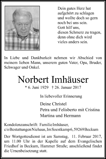 Traueranzeige von Norbert Imhäuser von Die Glocke