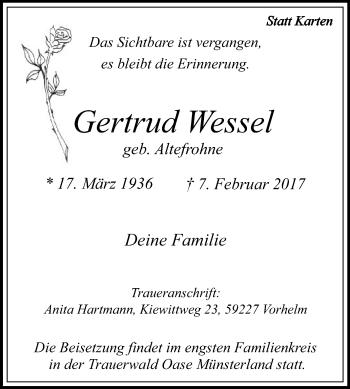 Traueranzeige von Gertrud Wessel von Die Glocke